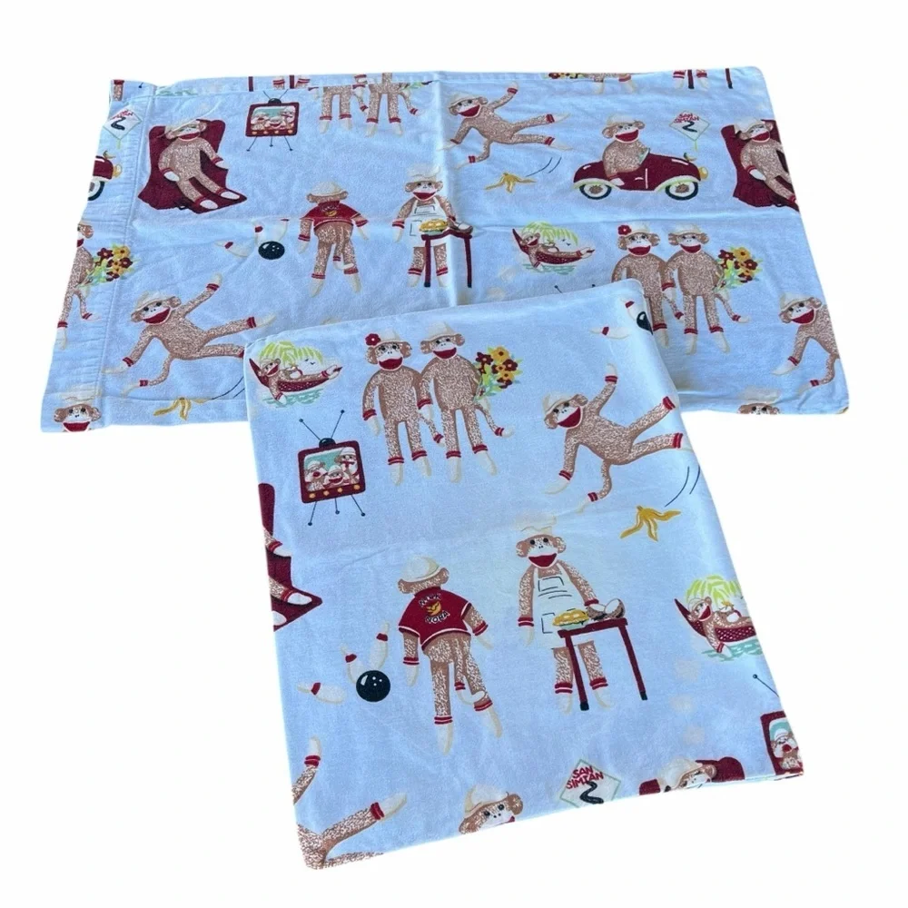 VTG Nick & Nora Sock Monkey 4-Piece Full Size Flannel Sheet Set 100% Cotton READ